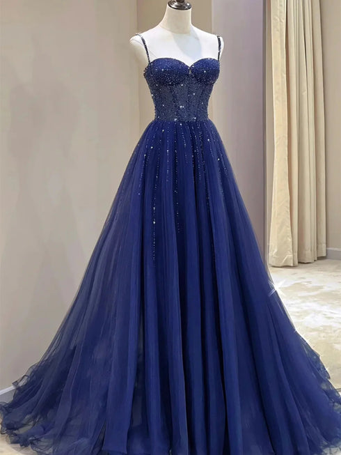 A-line Beaded Dark Blue Straps Tulle Prom Dress, Dark Blue Floor Length Evening Dress